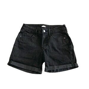 Old Navy Womens Size 0 Black Denim Mid Rise Cuffed Cotton Stretch Shorts Pockets